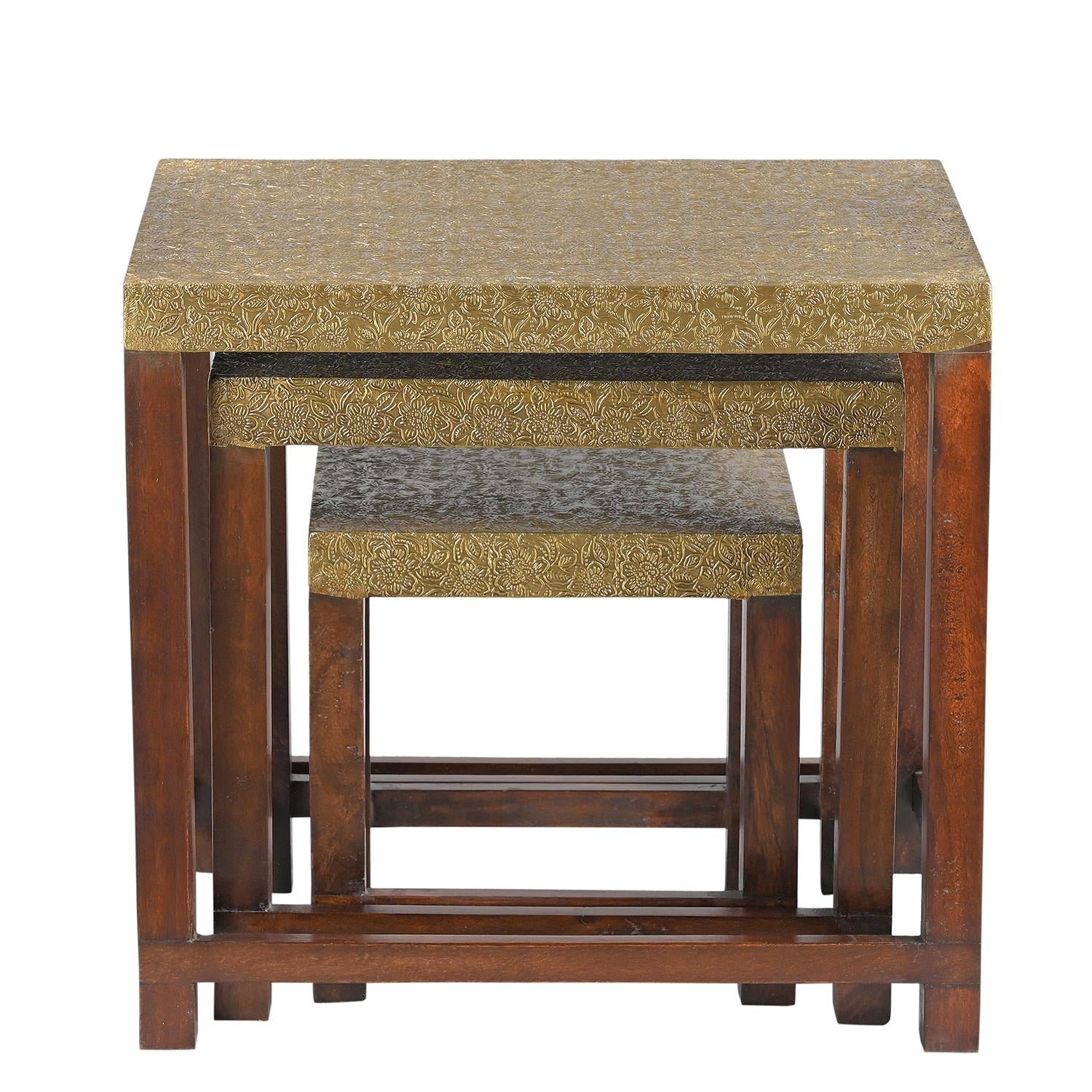 Elegant Brass Foil Cladded Solid Wood Nesting Tables- Set of 3