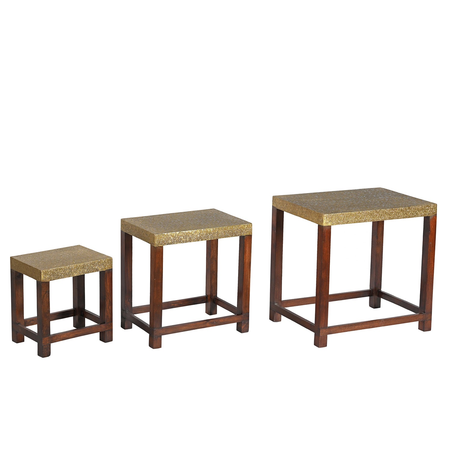 Elegant Brass Foil Cladded Solid Wood Nesting Tables- Set of 3