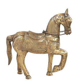 Vintage Solid Wood Carved 16 in. Tall Horse Statue Cladded With Embossed Brass Foil