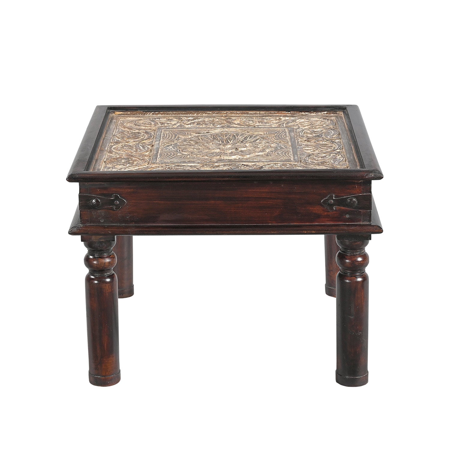 Farmhouse Style Hand Carved Wooden Panel Inset 24 in. Square End Table