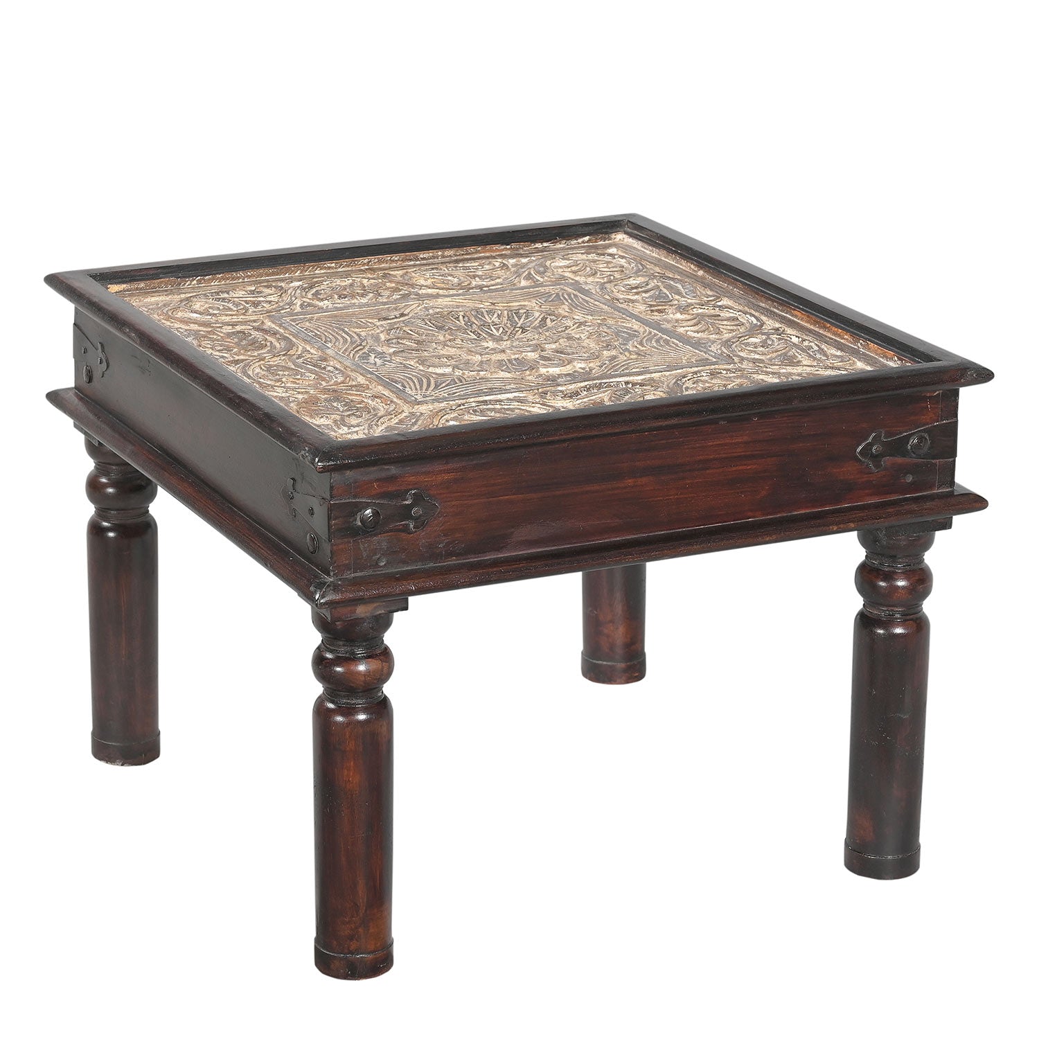 Farmhouse Style Hand Carved Wooden Panel Inset 24 in. Square End Table