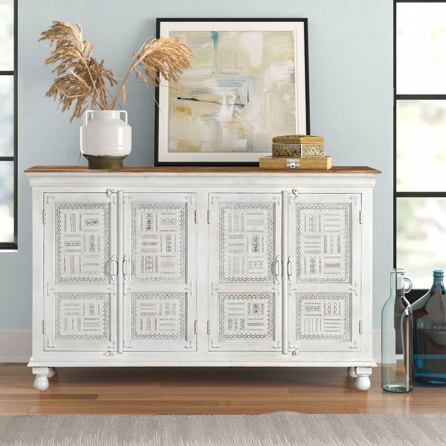 Two Tone Solid Wood 71 in. Long Buffet With Metal Accents