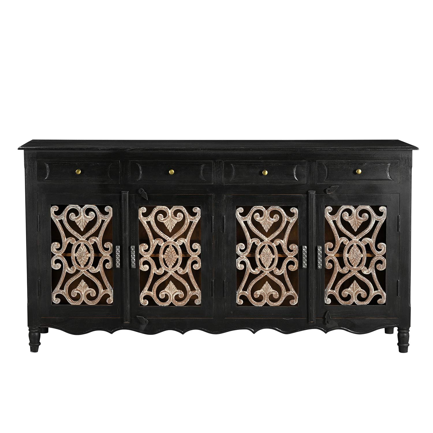 Farmhouse Style Rustic Iron Grill Solid Wood 71 in. Long Sideboard With Drawers