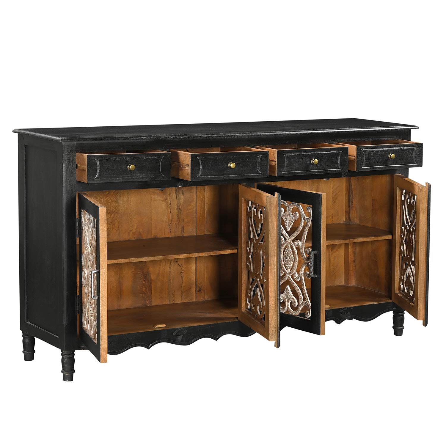 Farmhouse Style Rustic Iron Grill Solid Wood 71 in. Long Sideboard With Drawers