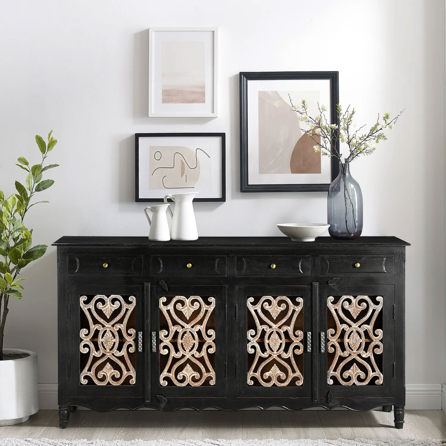 Farmhouse Style Rustic Iron Grill Solid Wood 71 in. Long Sideboard With Drawers