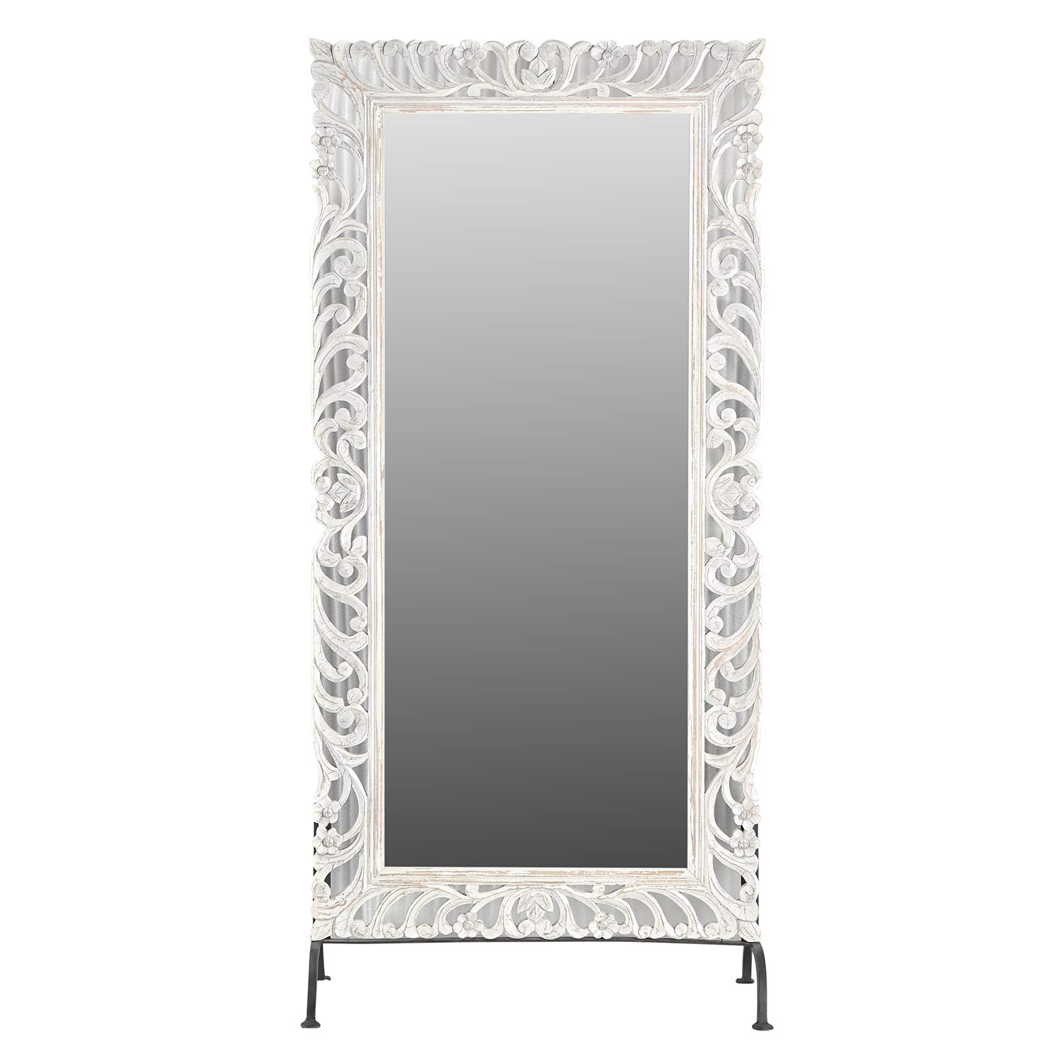 Farmhouse Style Wooden Carved Lattice Distressed White 84 in. Tall Mirror On Stand