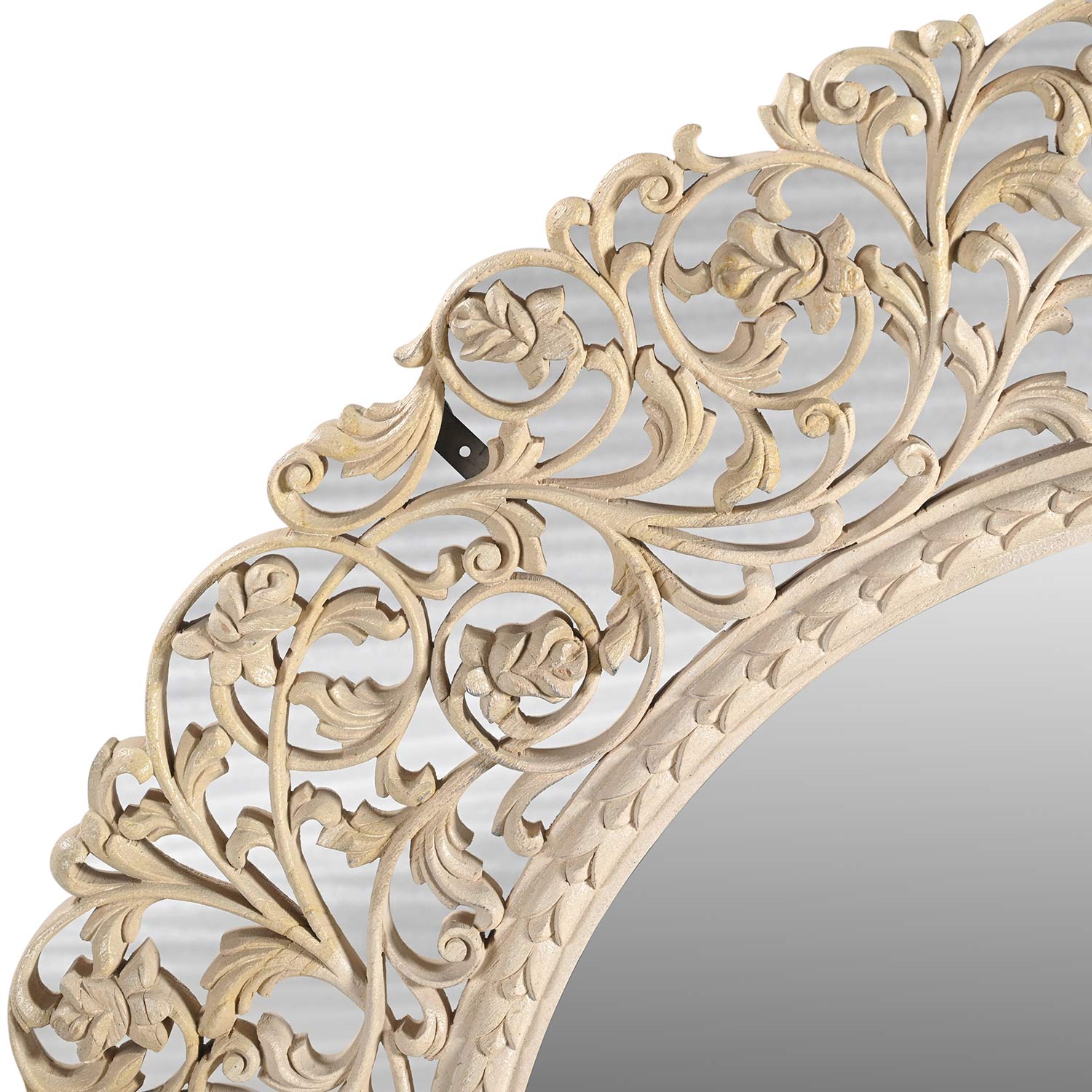 Vintage Wooden Lattice Carved 47 in. Round Distressed White Wall Mirror