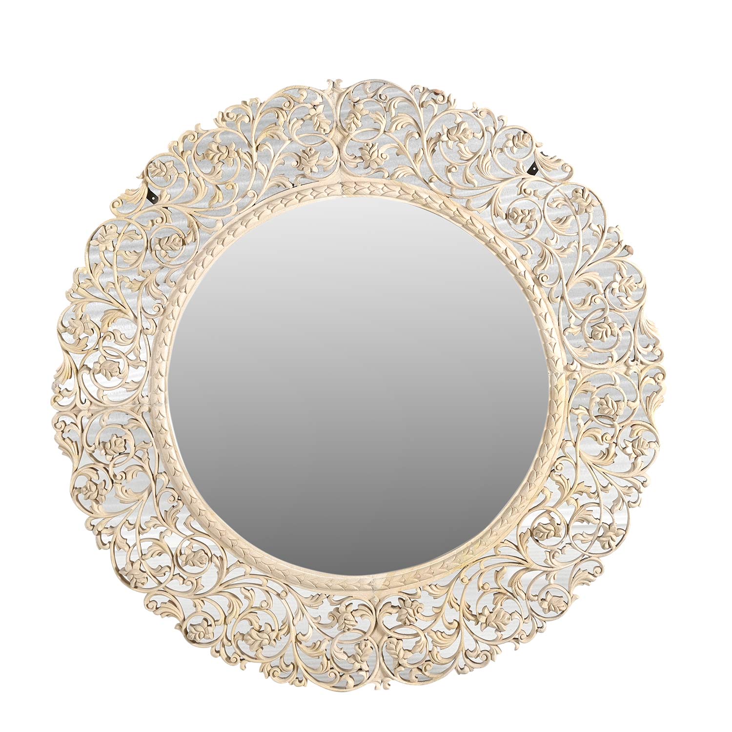 Vintage Wooden Lattice Carved 47 in. Round Distressed White Wall Mirror