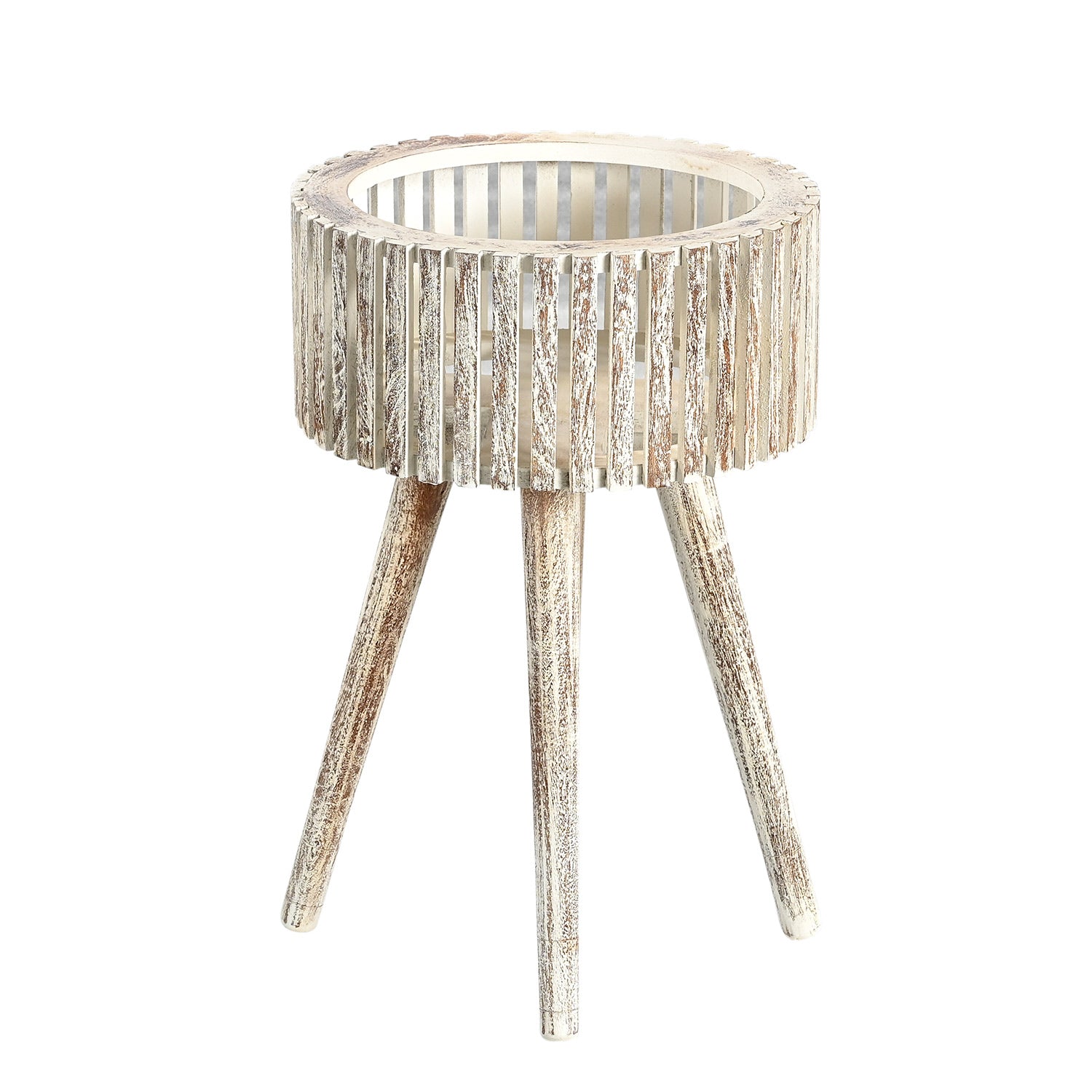 Mid Century Modern 16 in. Round Solid Wood Slatted Planter