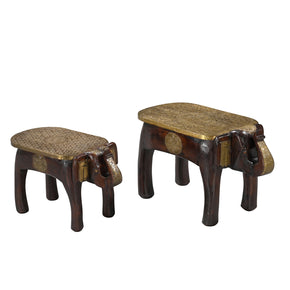 Eclectic Wooden Elephant Bench With Hammered Brass Foil Accents- Set of 2