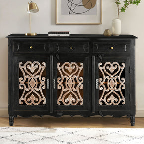 Distressed Black Finish 56 in. Long Solid Wood Buffet With Iron Grill Insets