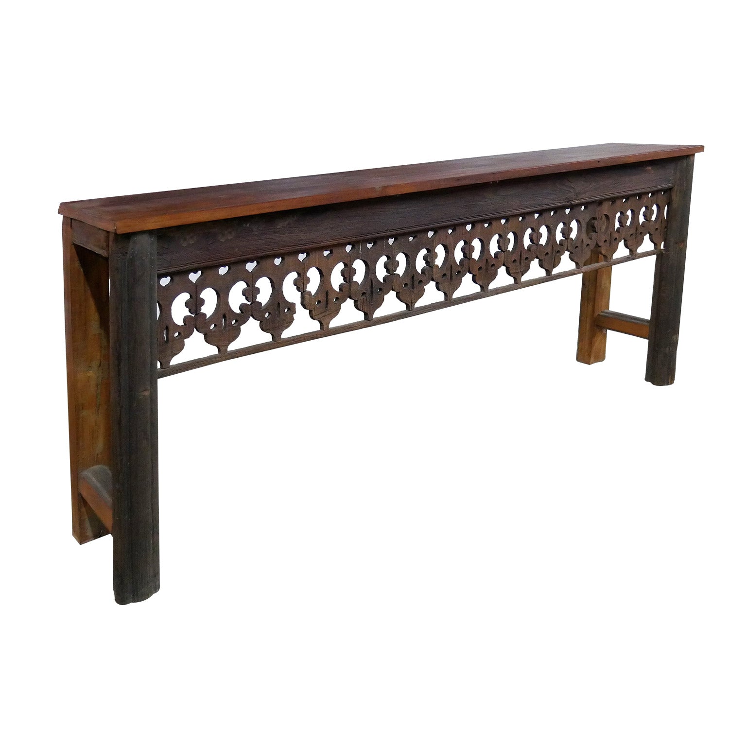 Farmhouse Style Antique Lattice Carved Teak Wood Frieze Repurposed 75