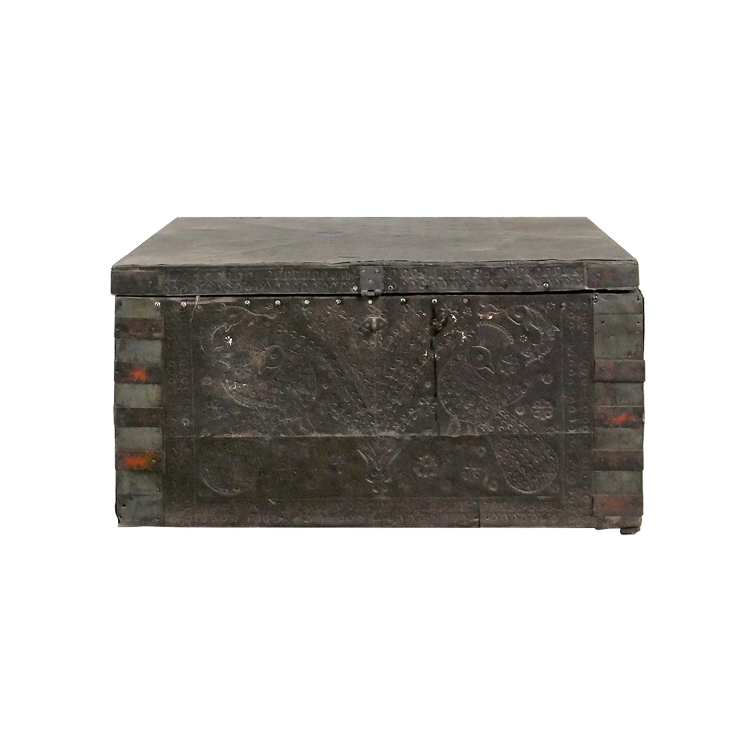 Vintage Wooden Rustic Chest With Hammered Metal Cladding