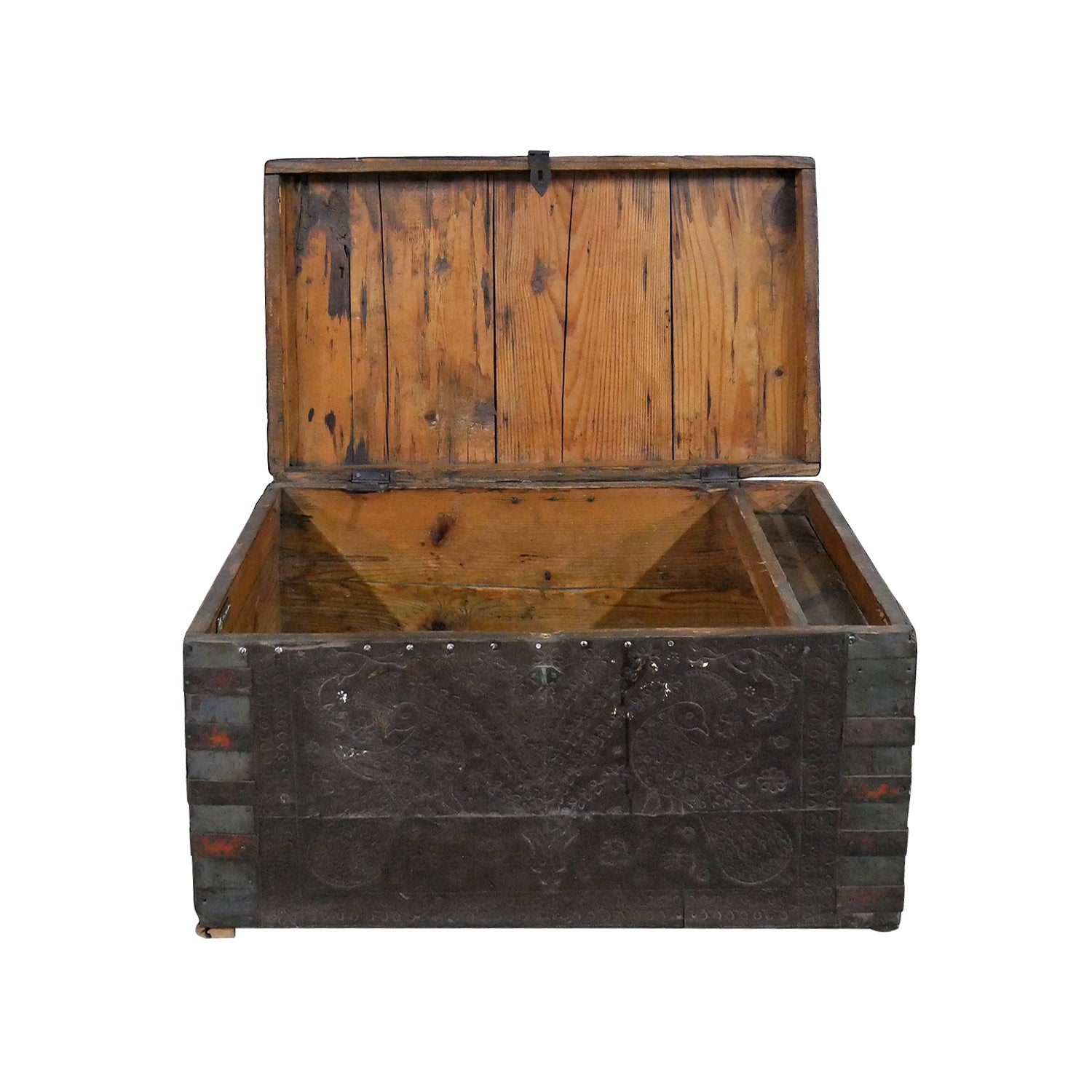 Vintage Wooden Rustic Chest With Hammered Metal Cladding