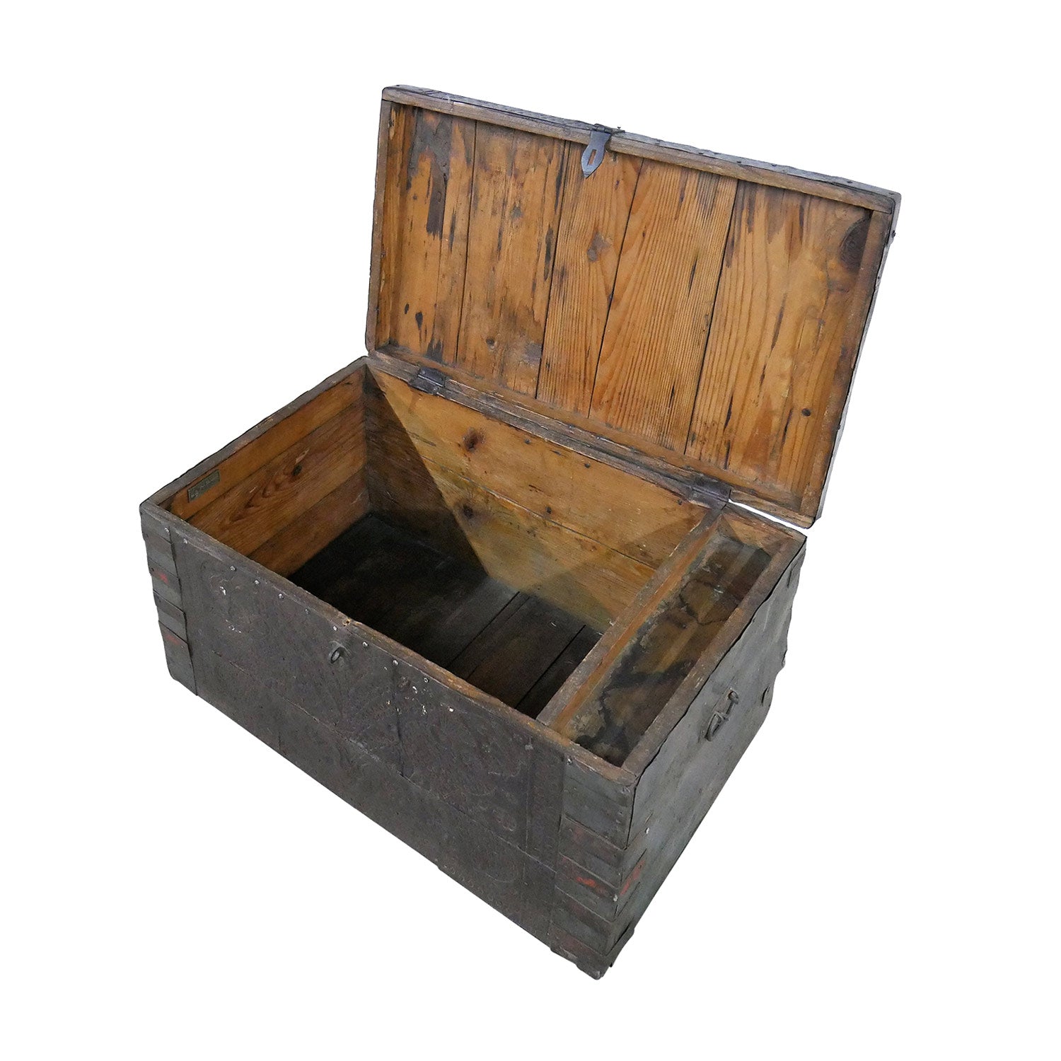 Vintage Wooden Rustic Chest With Hammered Metal Cladding