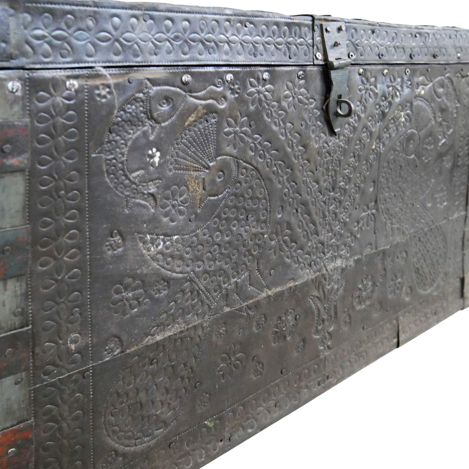 Vintage Wooden Rustic Chest With Hammered Metal Cladding