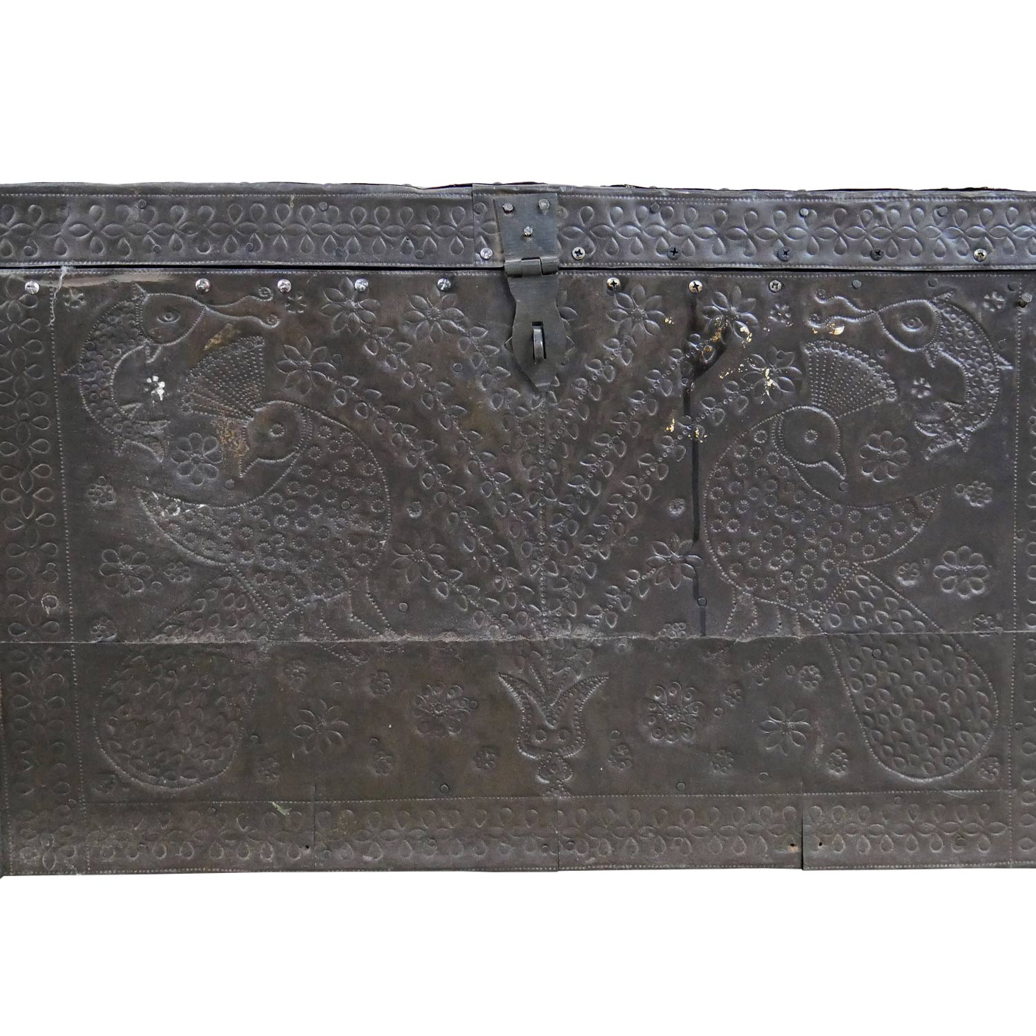 Vintage Wooden Rustic Chest With Hammered Metal Cladding