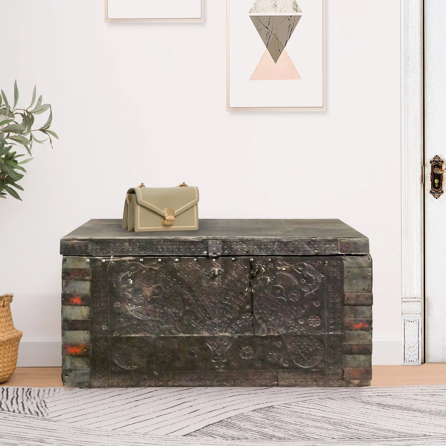 Vintage Wooden Rustic Chest With Hammered Metal Cladding