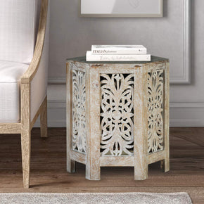 Transitional Style Hand Carved Solid Wood Lattice Hexagon End Table
