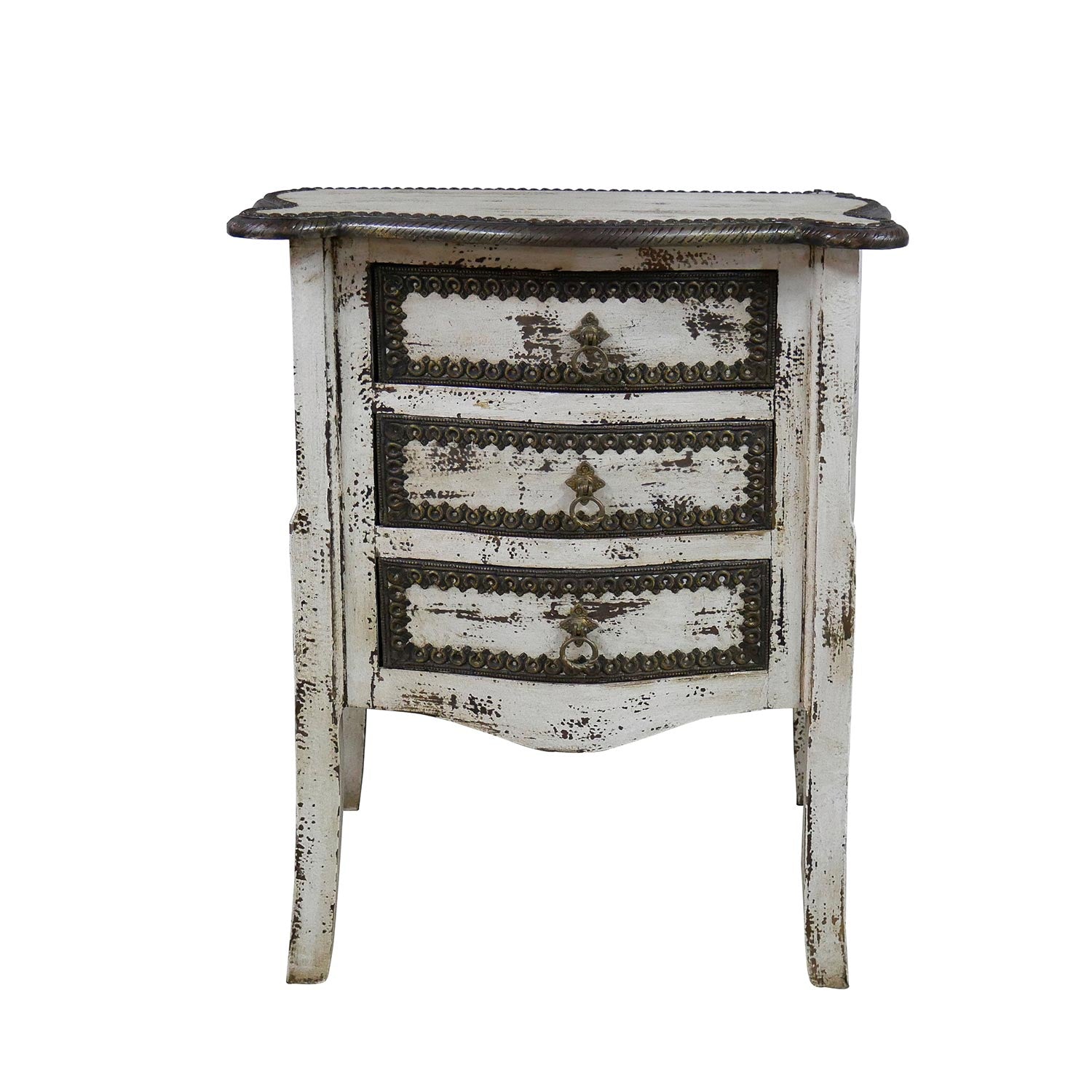 Transitional Distressed White Solid Wood 3 Drawers Nightstand With Brass Accents