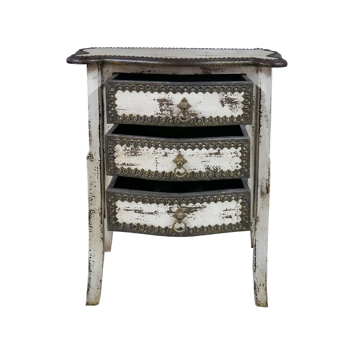 Transitional Distressed White Solid Wood 3 Drawers Nightstand With Brass Accents
