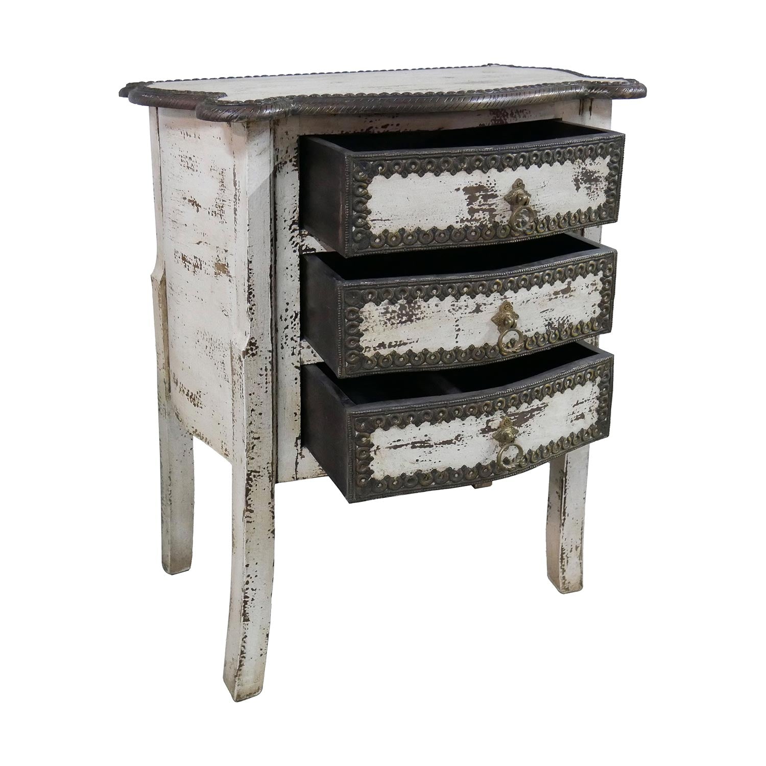 Transitional Distressed White Solid Wood 3 Drawers Nightstand With Brass Accents