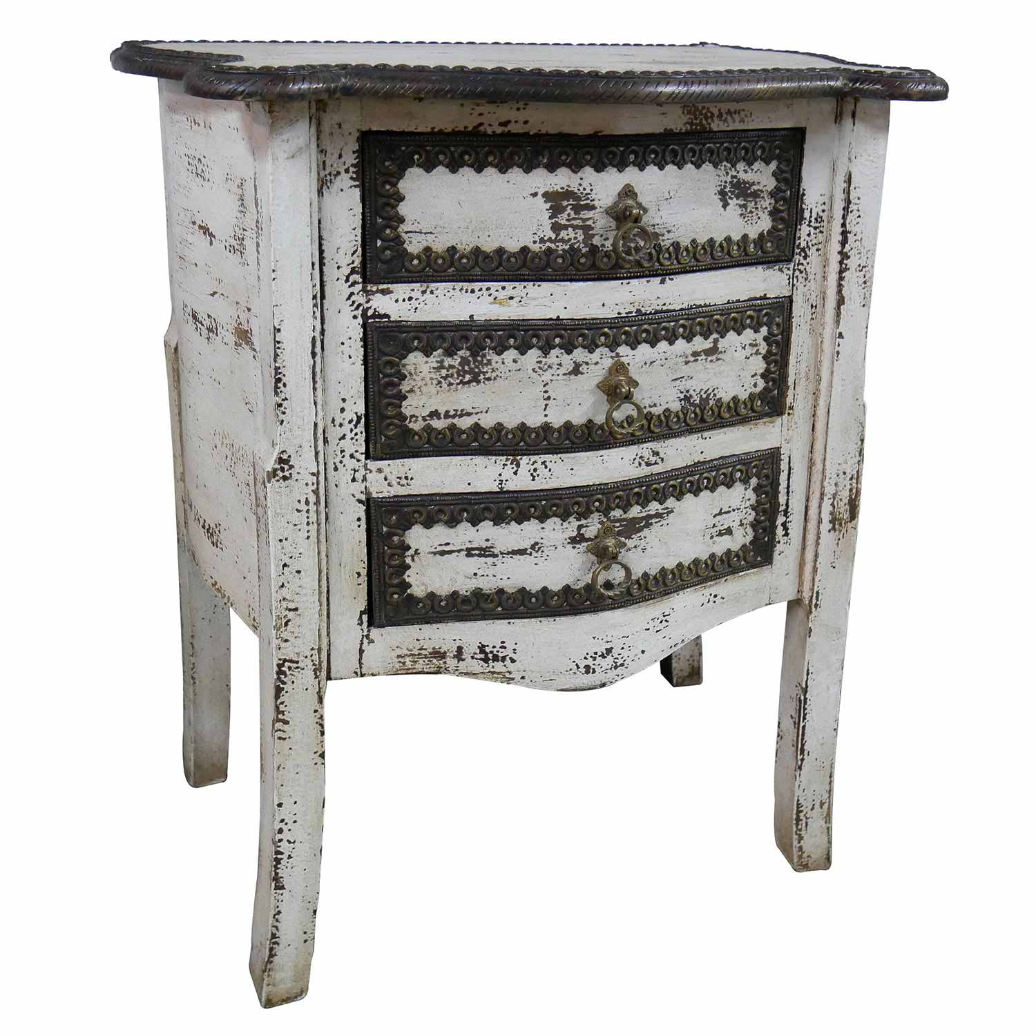 Transitional Distressed White Solid Wood 3 Drawers Nightstand With Brass Accents