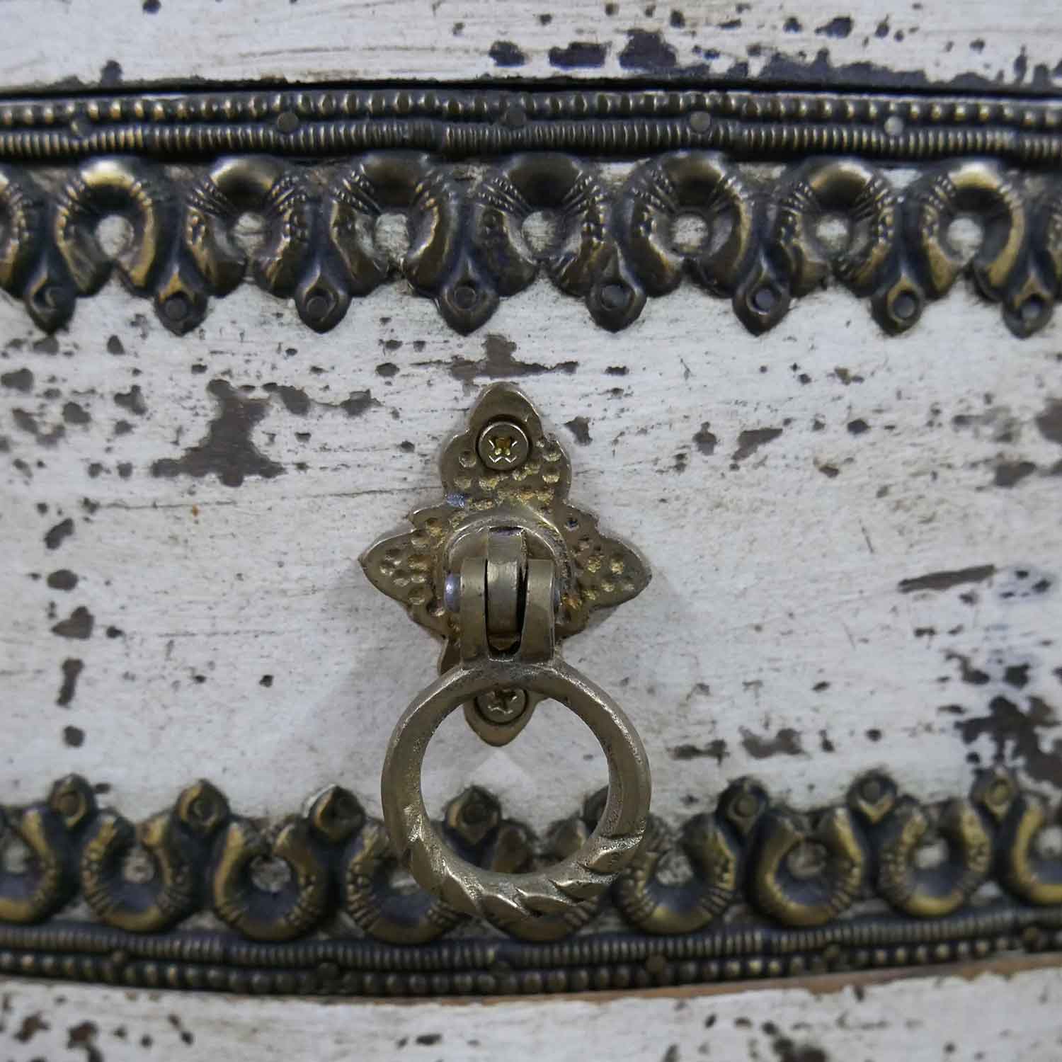 Transitional Distressed White Solid Wood 3 Drawers Nightstand With Brass Accents