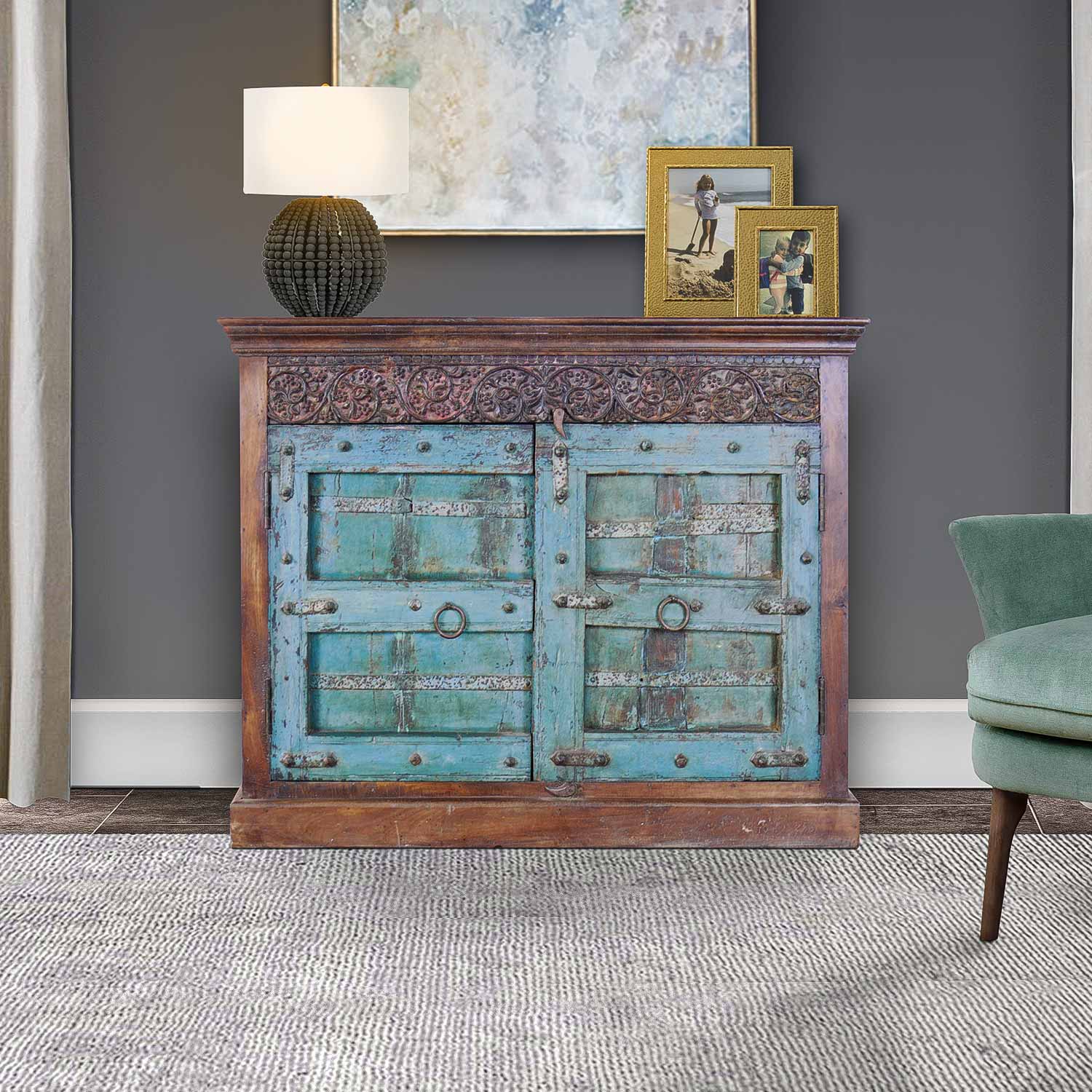 Rustic Farmhouse Two Tone Antique 2-Door Solid Wood Small Buffet