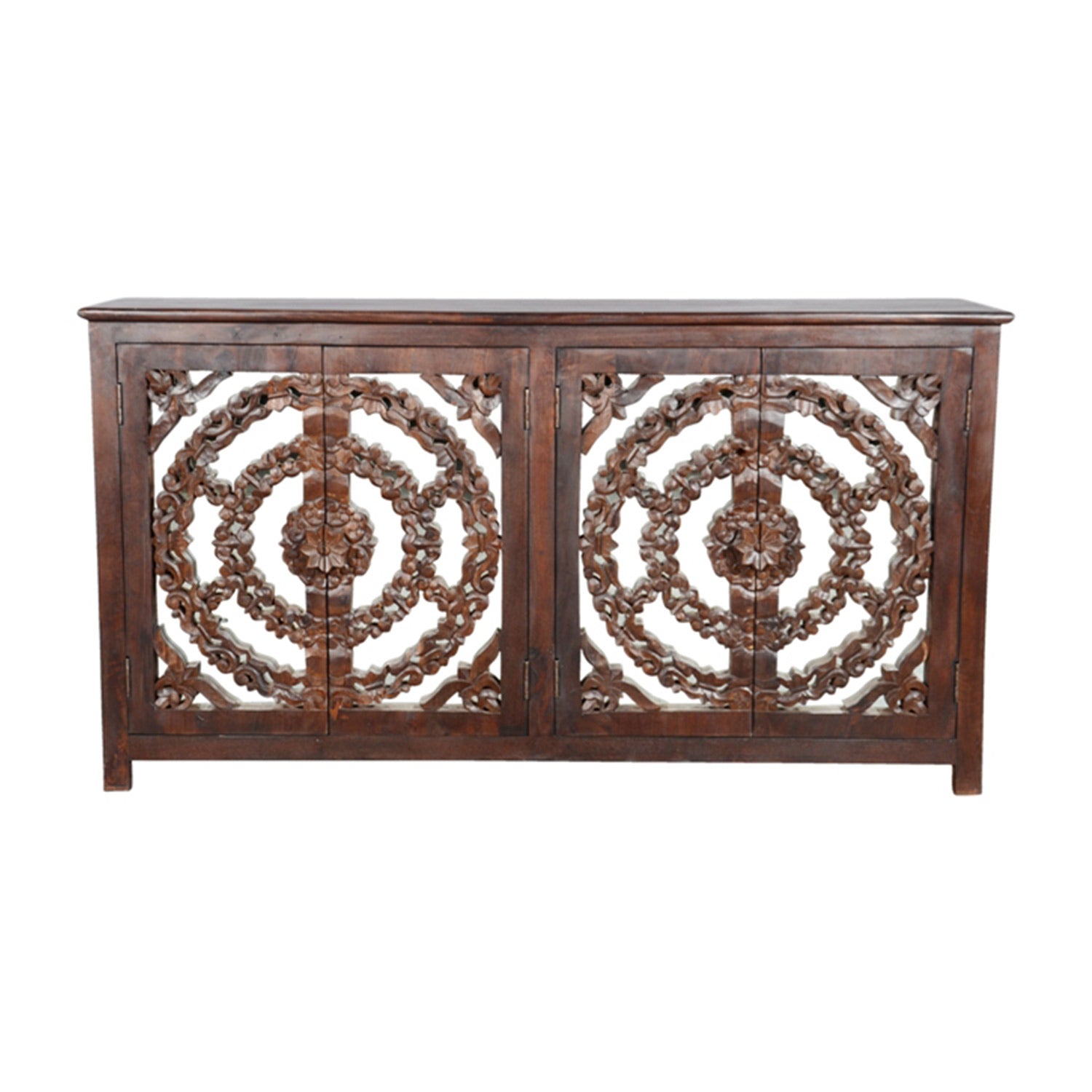 Lotus Carved 4 Door Mango Wood Sideboard With Mirror Accents