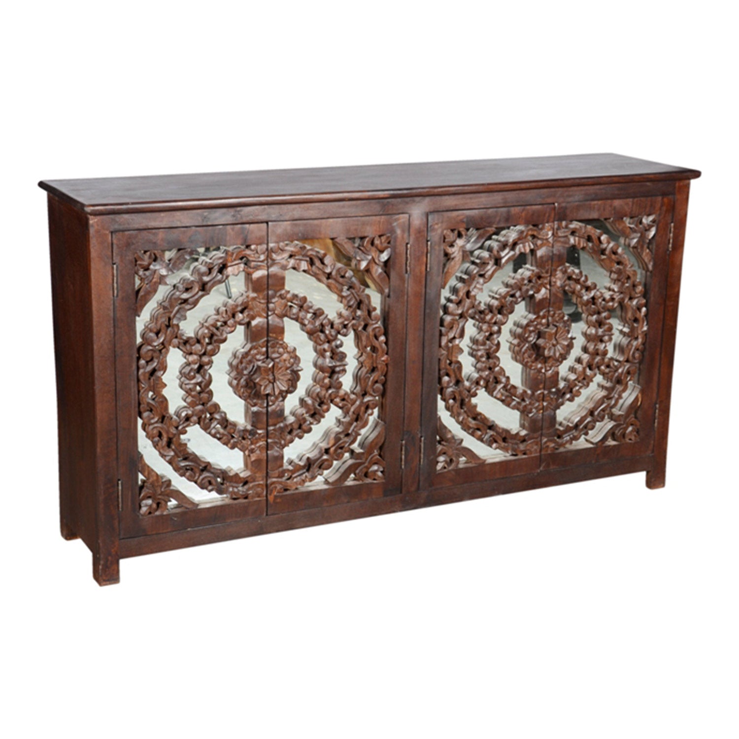 Lotus Carved 4 Door Mango Wood Sideboard With Mirror Accents