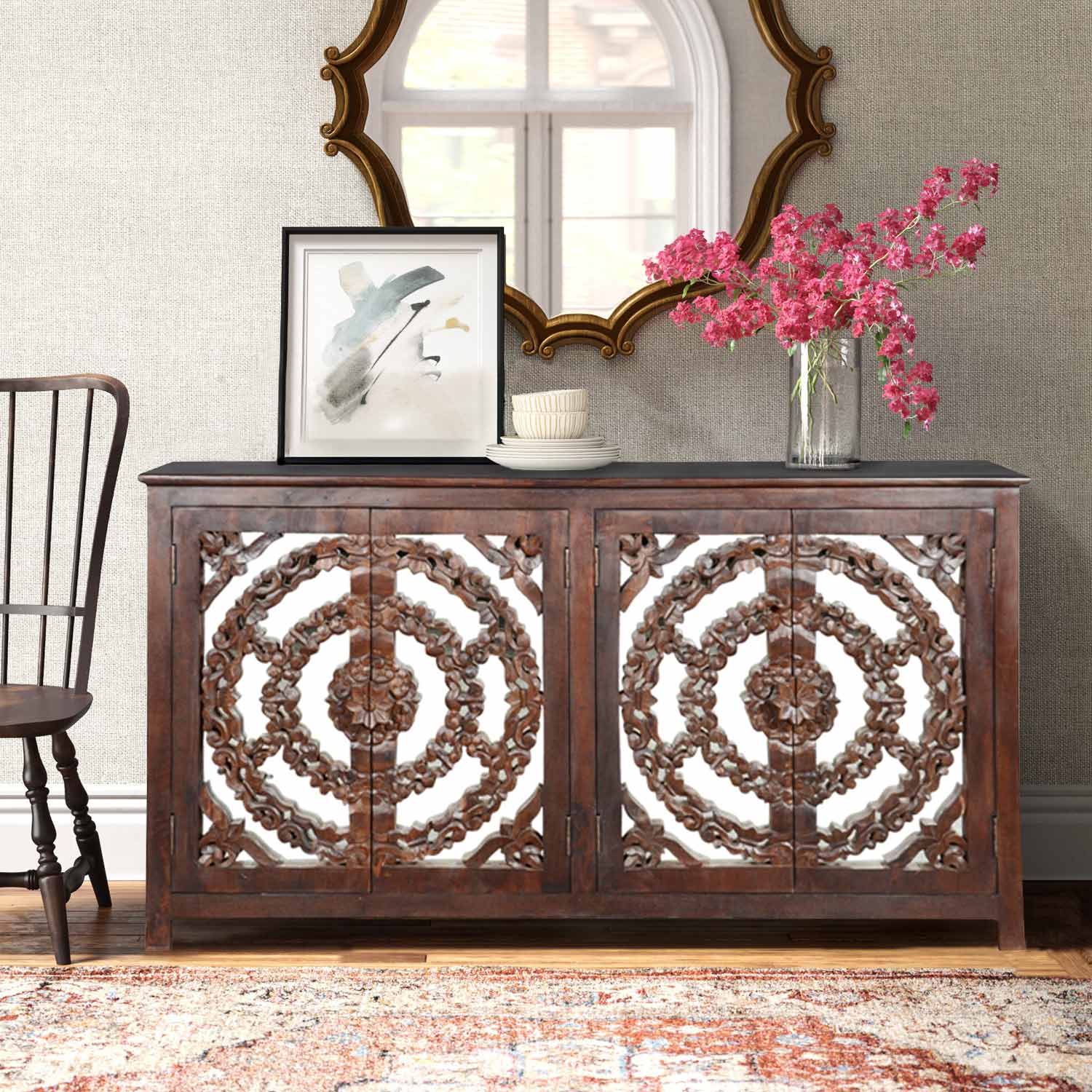 Lotus Carved 4 Door Mango Wood Sideboard With Mirror Accents