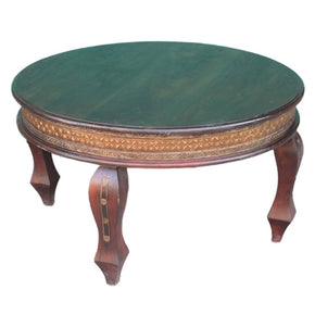Unique 36" Round Solid Wood Cocktail Table With Brass Accents