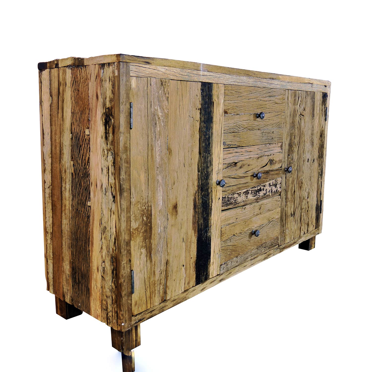Ranch Style Rustic Aged Rail Road Ties Repurposed Teak Wood Sideboard Cabinet