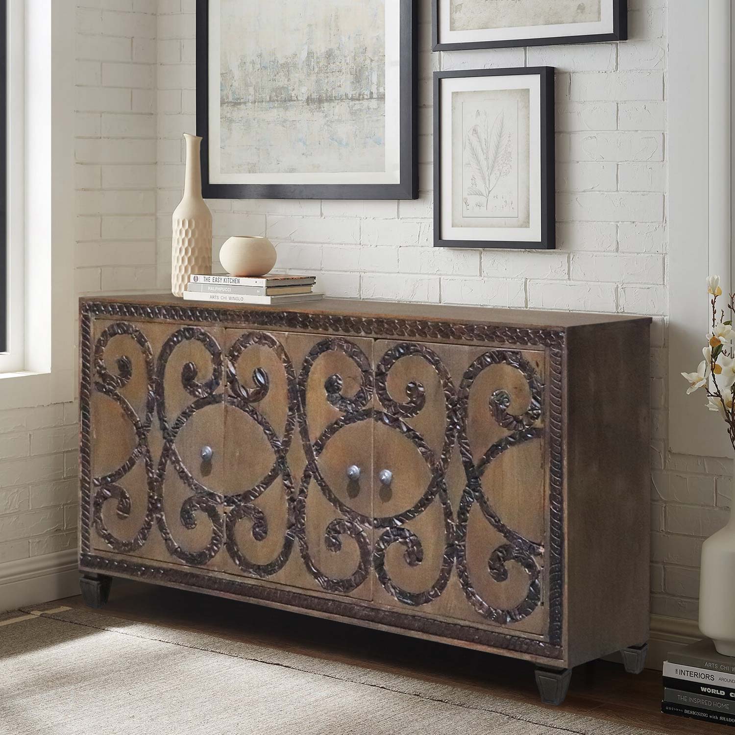 Vintage Fabric Printing Stamps Inlaid In Wood Eclectic Modern Solid Wood Sideboard