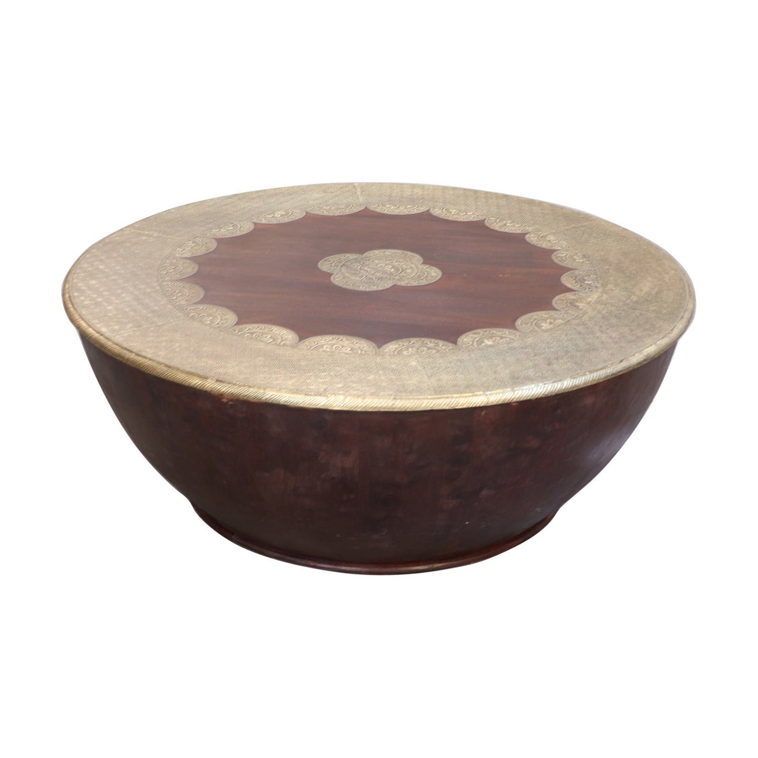 Eclectic Solid Wood Round Drum Coffee Table Brass Accents
