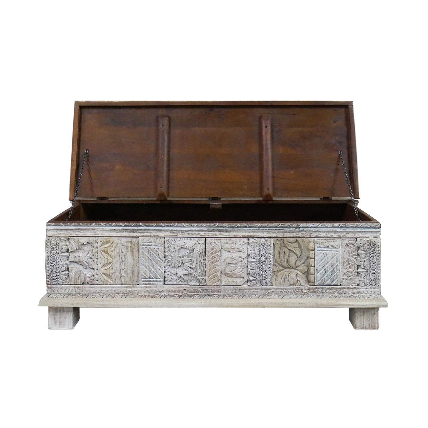 Boho Style Solid Wood Distressed White Chest / Coffee Table