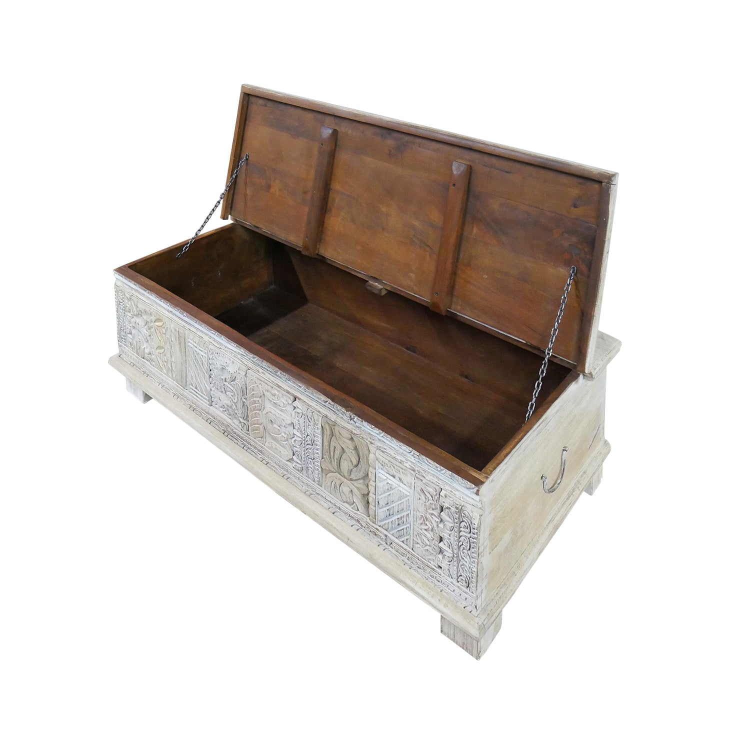 Boho Style Solid Wood Distressed White Chest / Coffee Table
