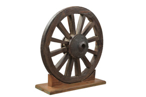 Antique Rustic 32 in. Wide Wagon Wheel On Display Stand