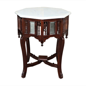 Victorian Style Teak Wood Hexagon End Table With Marble Top