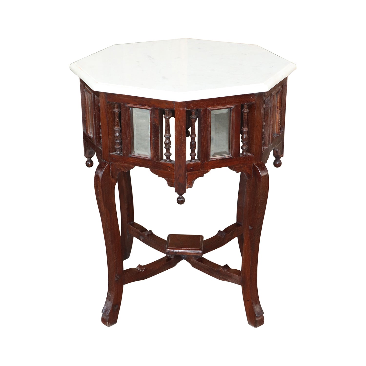 Victorian Style Teak Wood Hexagon End Table With Marble Top