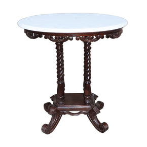 Victorian Style Teak Wood Carved Oval End Table With White Marble Top