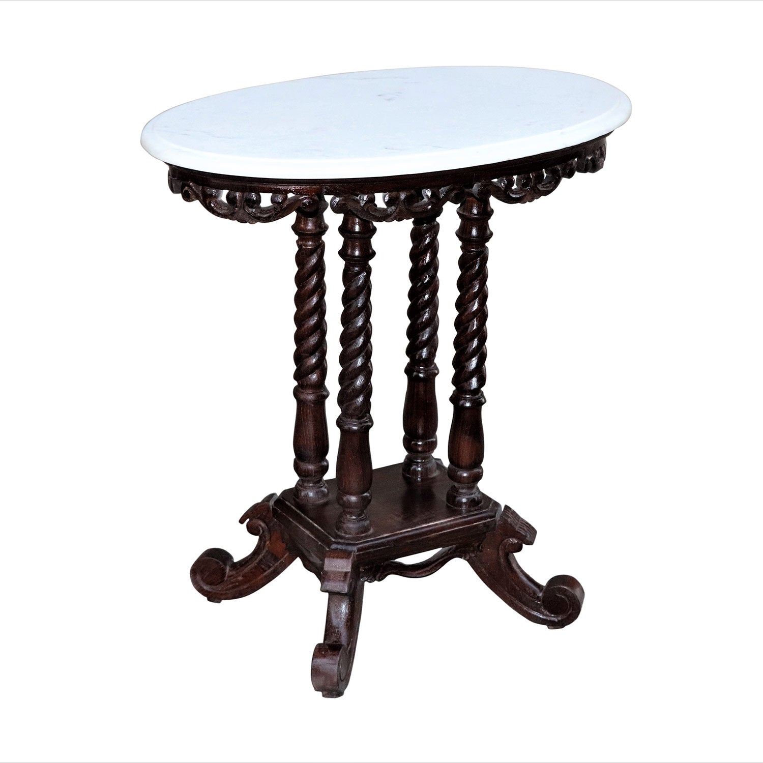 Victorian Style Teak Wood Carved Oval End Table With White Marble Top