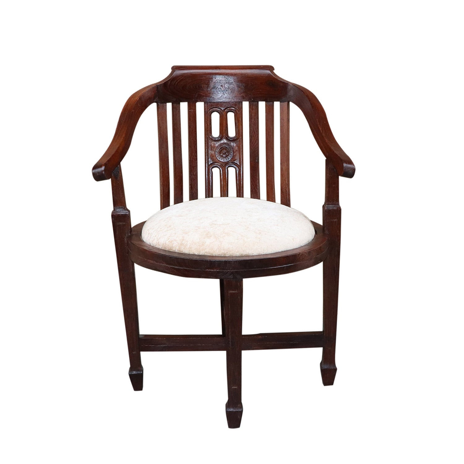 Vintage Hand Carved Round Accent Teak Wood Chair