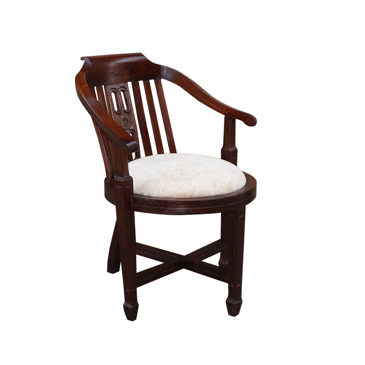 Vintage Hand Carved Round Accent Teak Wood Chair