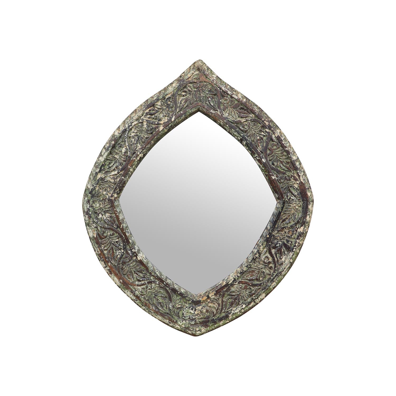 Farmhouse Style Hand Carved Distressed Pointed Oval Shaped Mirror