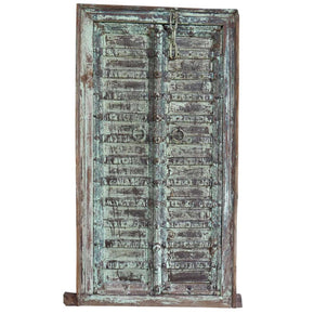 Farmhouse Style 57 in. Tall Vintage Indian Framed Door With Green Patina Wall Art