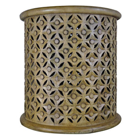 Modern Solid Wood Lattice Carved 17" Round End Table