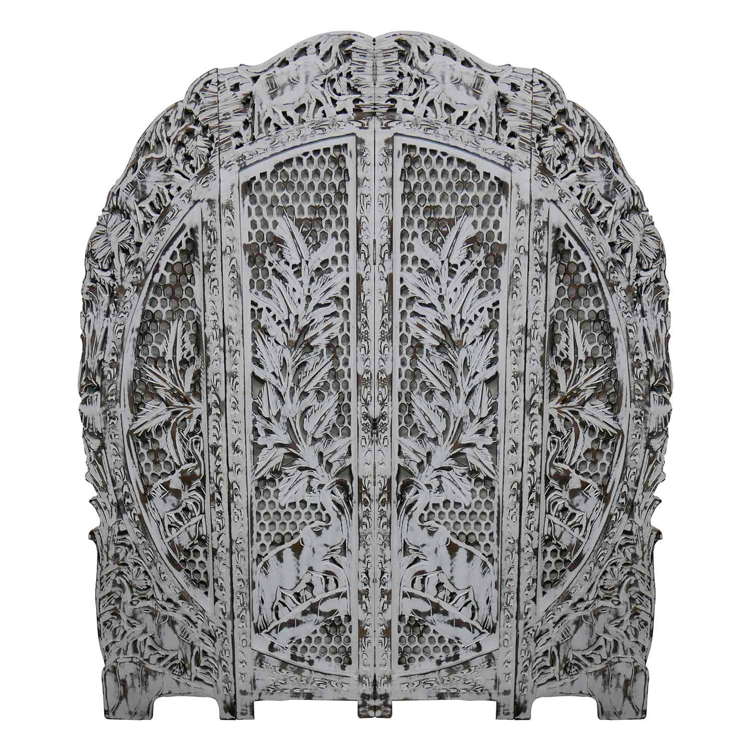 Eclectic Wooden Lattice Carved Floral Screen With Elephants