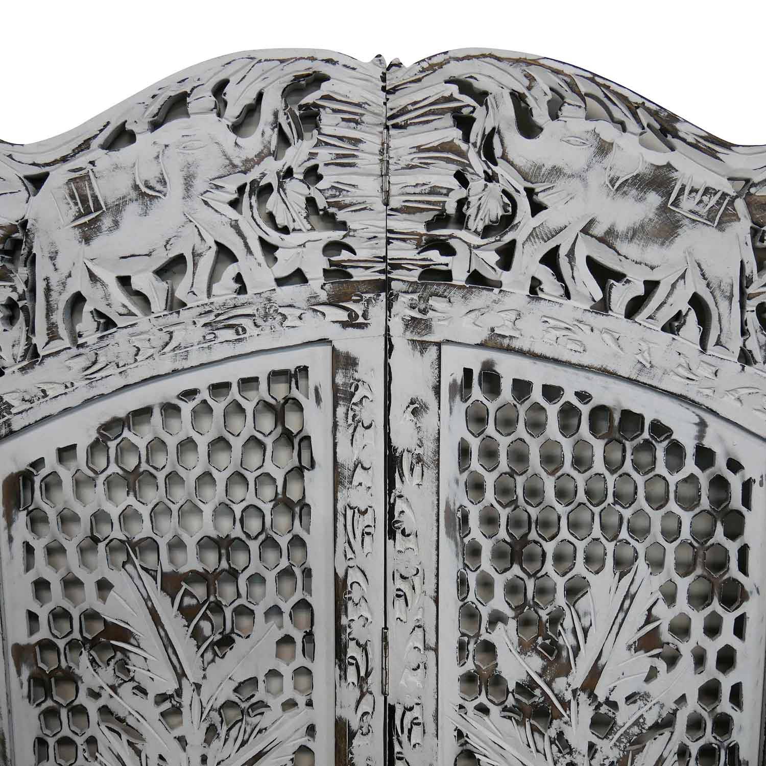 Eclectic Wooden Lattice Carved Floral Screen With Elephants
